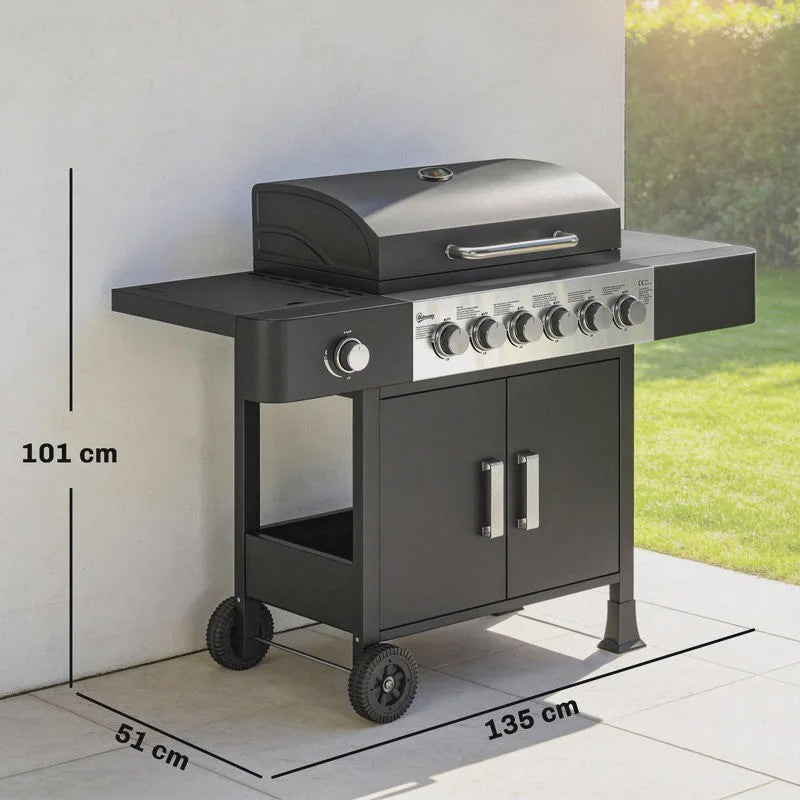 RVS Gas BBQ Grill Cart met 6+1 Branders, Zijbrander, Wielen & Thermometer
