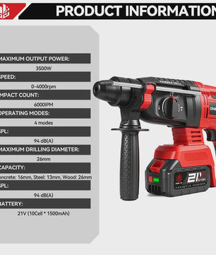 ONEVAN 3500W Brushless Accu Klopboormachine - Krachtige Slagboormachine, Snoerloos & Draagbaar