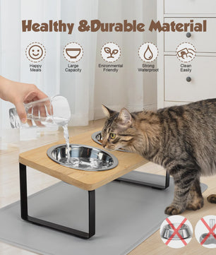 Verhoogde Kattenbakken met Houten Standaard - 15° Kantelbaar, 2 RVS Voerbakken voor Katten & Puppy's