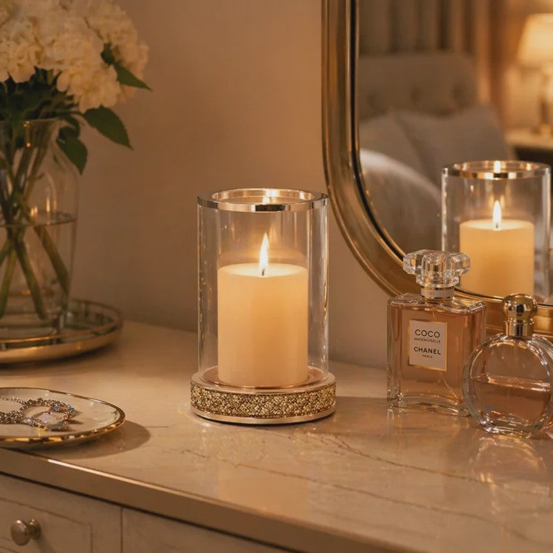 Luxe Glazen Kaarsenhouder met Glitter Bodem - Goud/Zilver - Perfect voor Bruiloft & Decoratie
