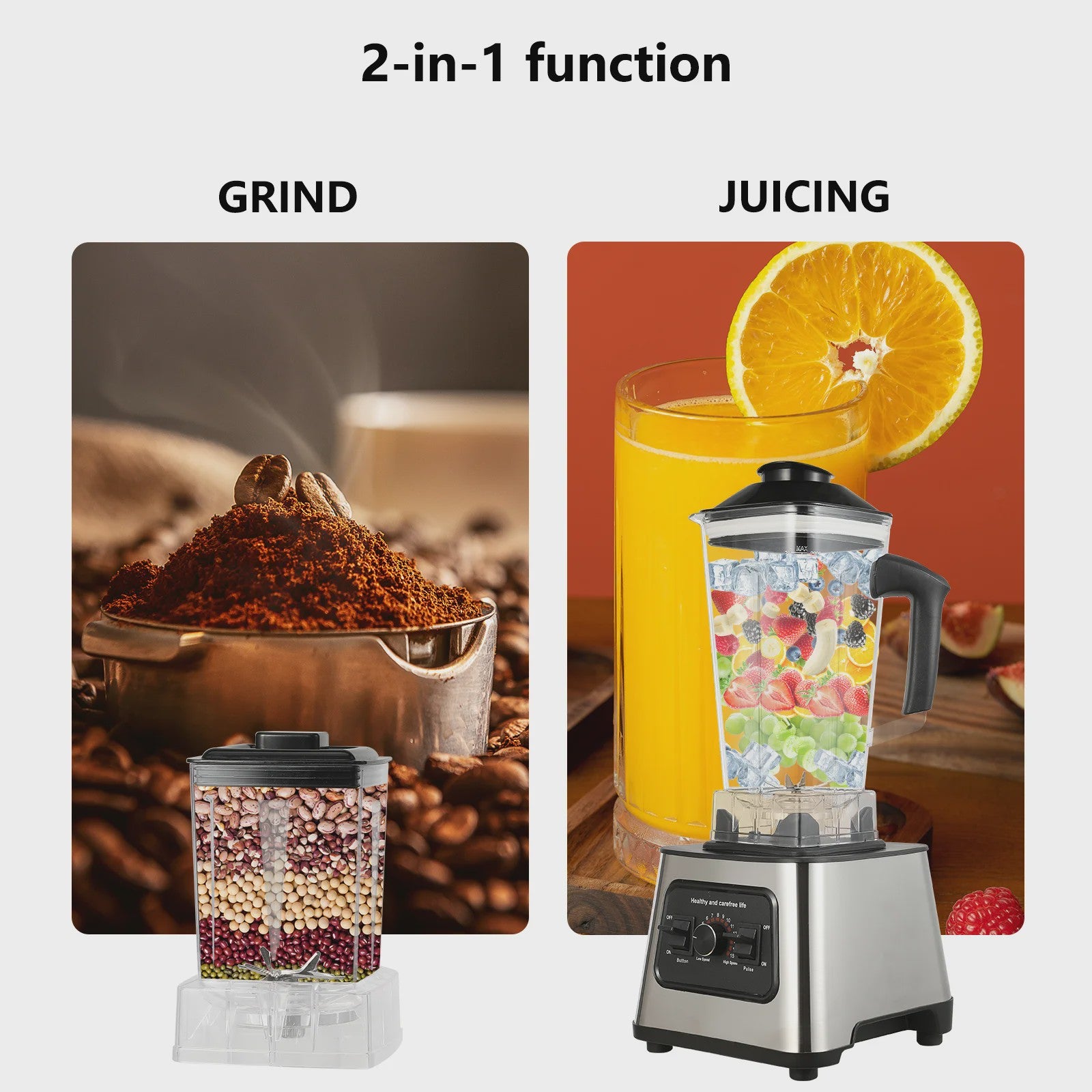 Professionele 2-in-1 Blender: 800W, 27000RPM, 2L+0.5L Dubbele Jars, IJs Crushen, Malen & Smoothies
