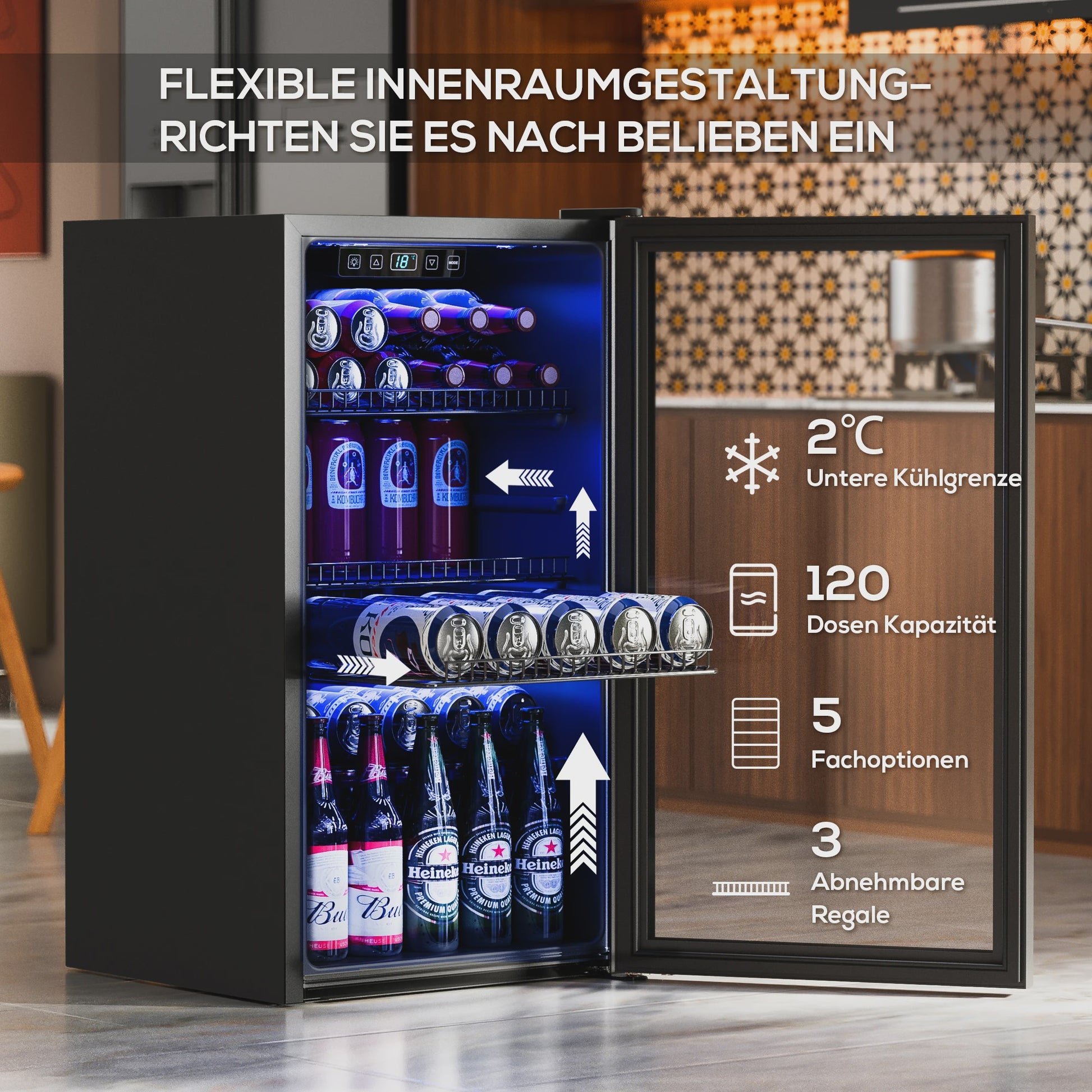 90L Drankenkoelkast met Dubbel Glas, LED Verlichting en 128 Blikjes Capaciteit - Energieklasse C