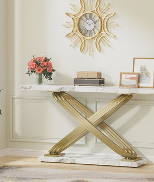 Moderne Console Tafel met Faux Marmer en Gouden X-Frame - 140 cm