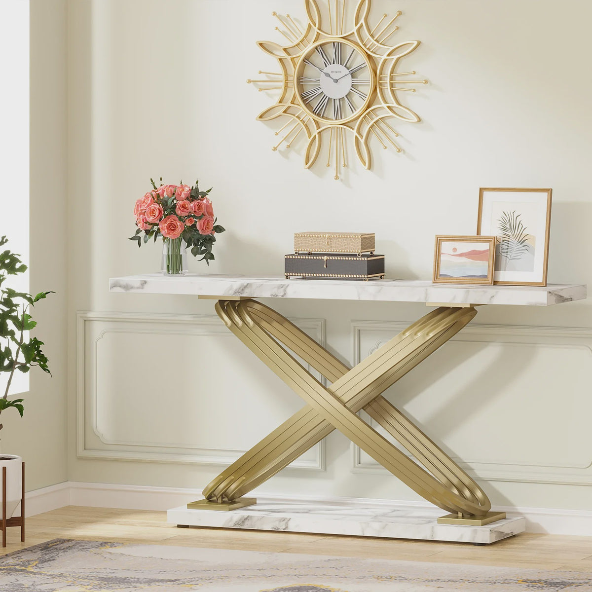 Moderne Console Tafel met Faux Marmer en Gouden X-Frame - 140 cm