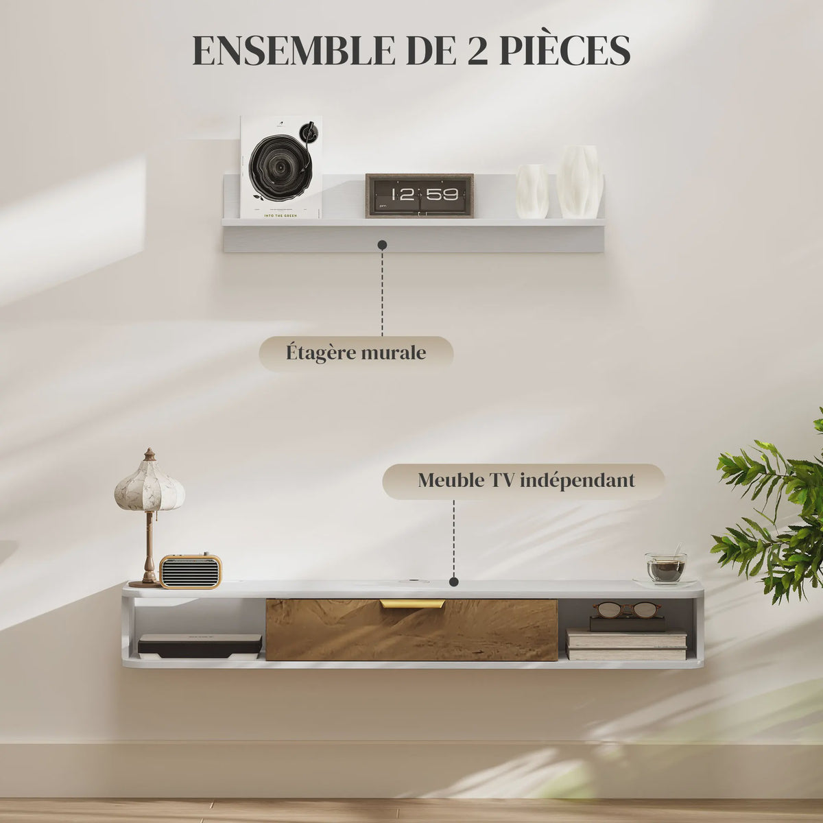 Zwevend TV Meubel met Wandplank en Open Vakken - Modern Design
