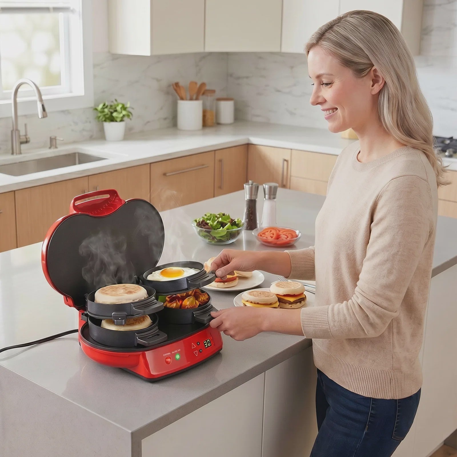 Dubbele Ontbijt Maker: Hamburgers, Broodjes & Muffins - Antiaanbaklaag