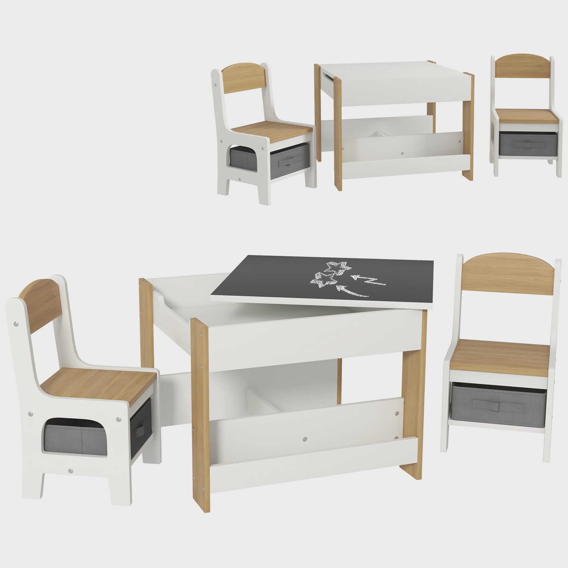Kindertafel met 2 Stoelen en Whiteboard/Krijtbord - Inclusief Opbergruimte