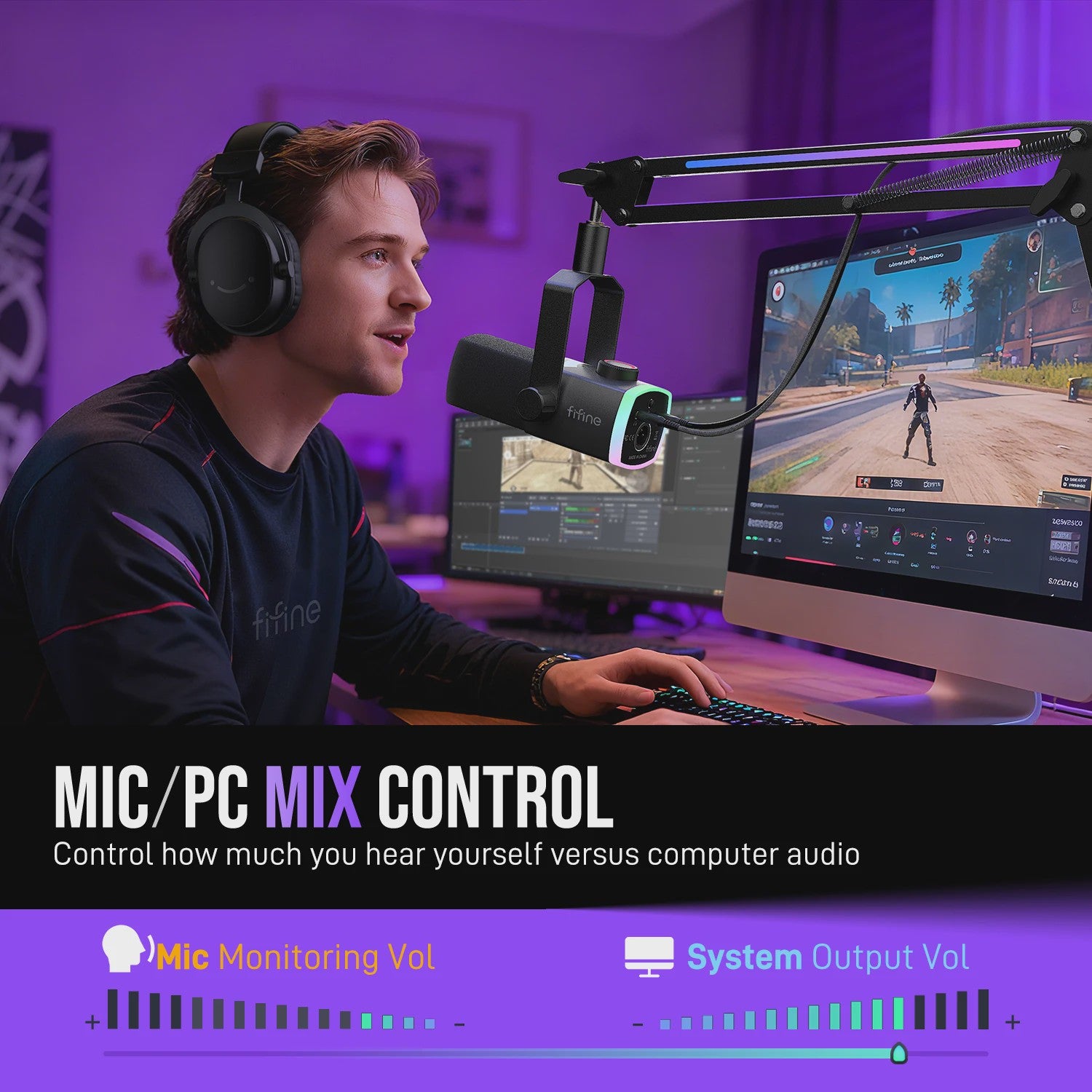 FIFINE AM8PROT Gaming Microfoon Kit met Boom Arm - Dynamische XLR/USB Streaming Microfoon met RGB, Mute & Mix Control