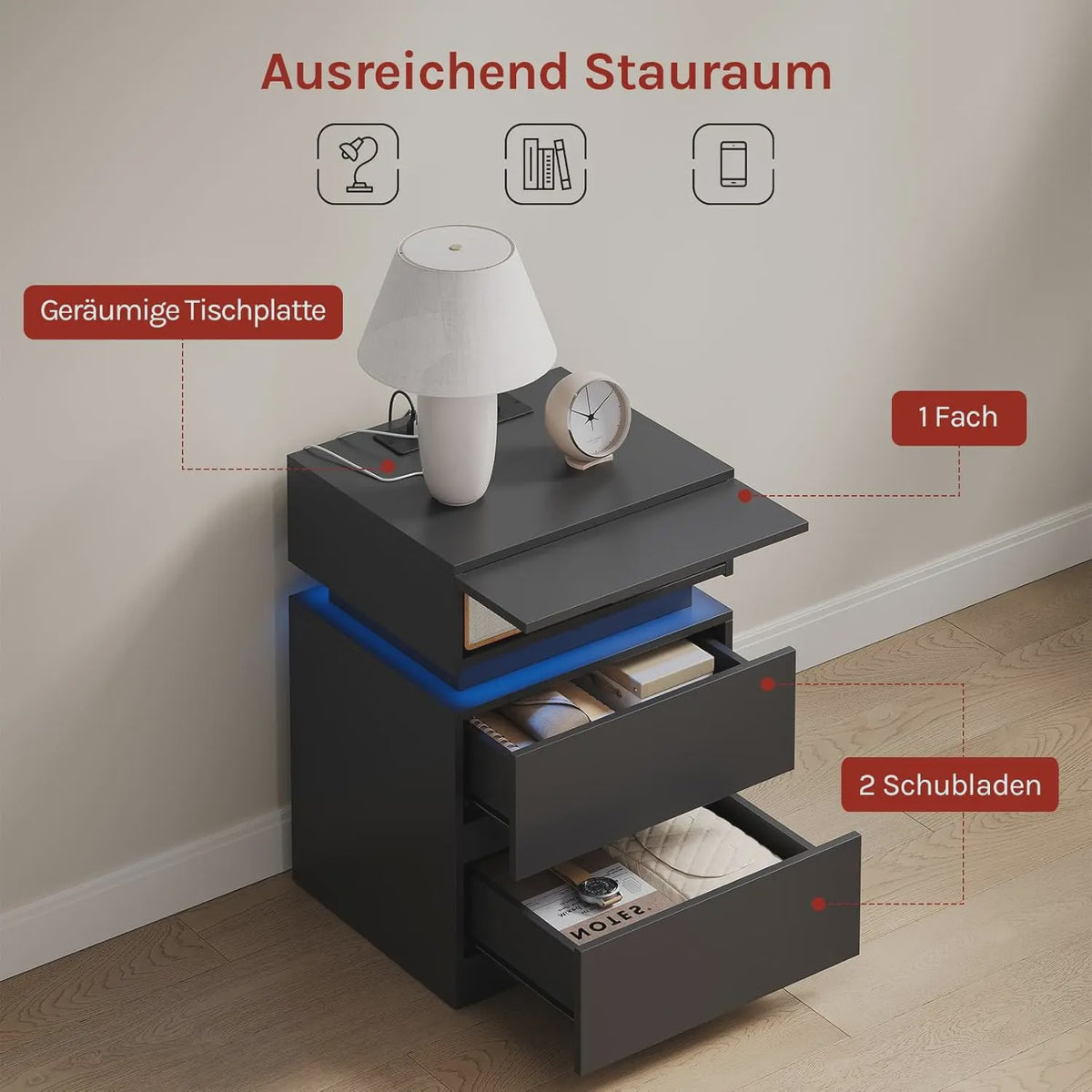 Stijlvol Nachtkastje met LED Verlichting, 2 Lades en USB Opladen - Wit/Zwart