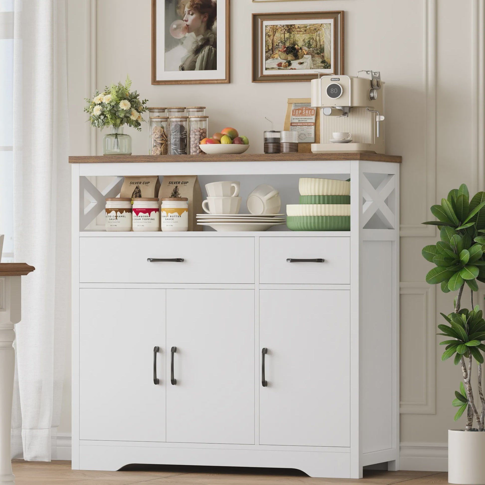 Stijlvol Wit Sideboard met 2 Lades en 3 Deuren - Buffetkast voor Woon- en Eetkamer