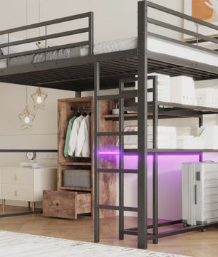 Zwart Metalen Loft Bed 140x200 cm met LED Verlichting, Bureau, Lade, Planken en Ladder