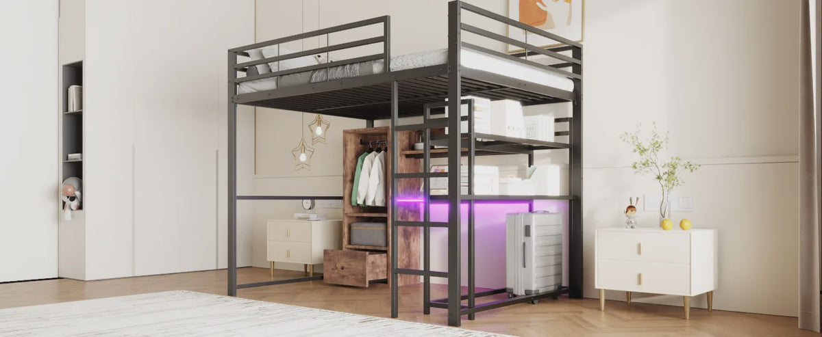 Zwart Metalen Loft Bed 140x200 cm met LED Verlichting, Bureau, Lade, Planken en Ladder