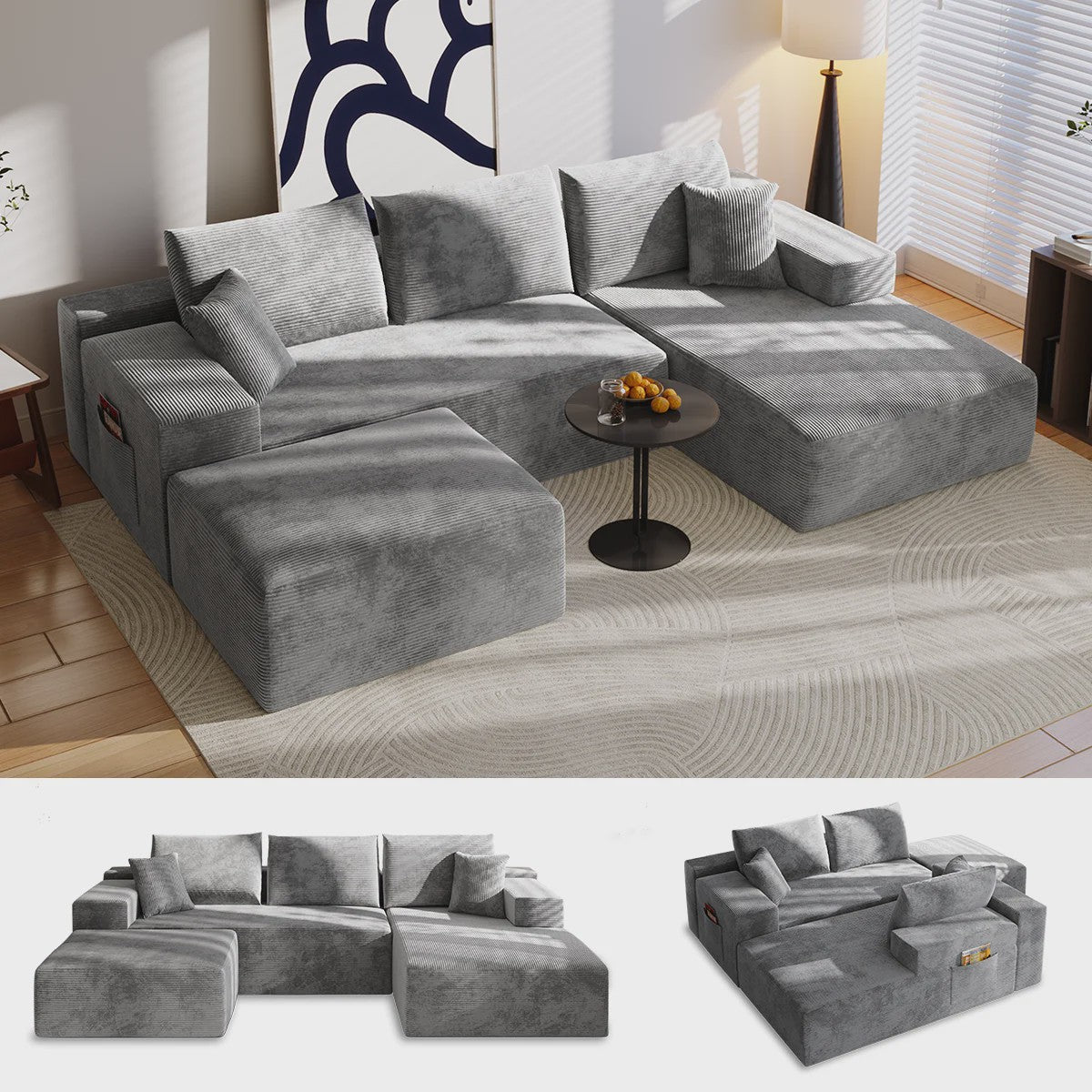 Moderne U-vormige Corduroy Bank met Memory Foam - Modulair en Comfortabel