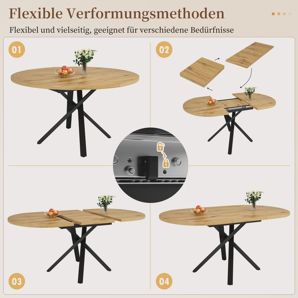 Uitschuifbare Ronde Eettafel met Marmerlook - 100-140cm - X-vormig Metaalframe