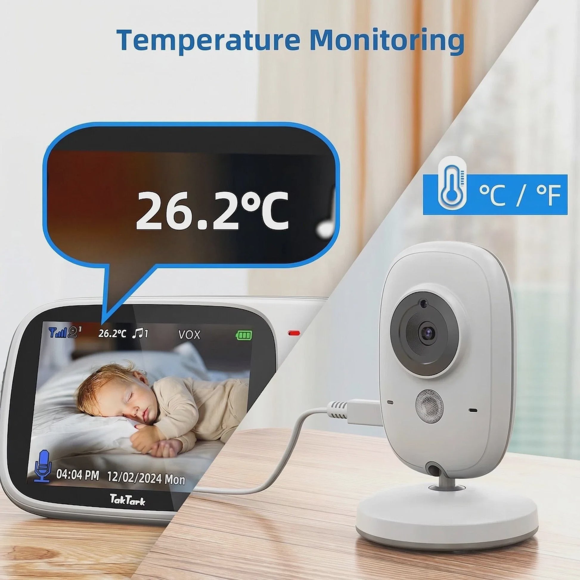 Draadloze Babyfoon met 3.2" Scherm, Nachtzicht, Temperatuur & Melodieën