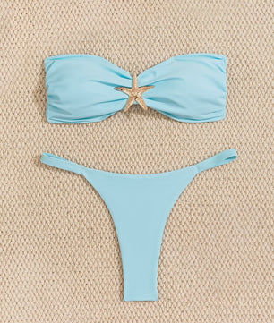 Bandeau Bikini Set met Sterrenornament - Sky Blue Push-Up Thong Badpak