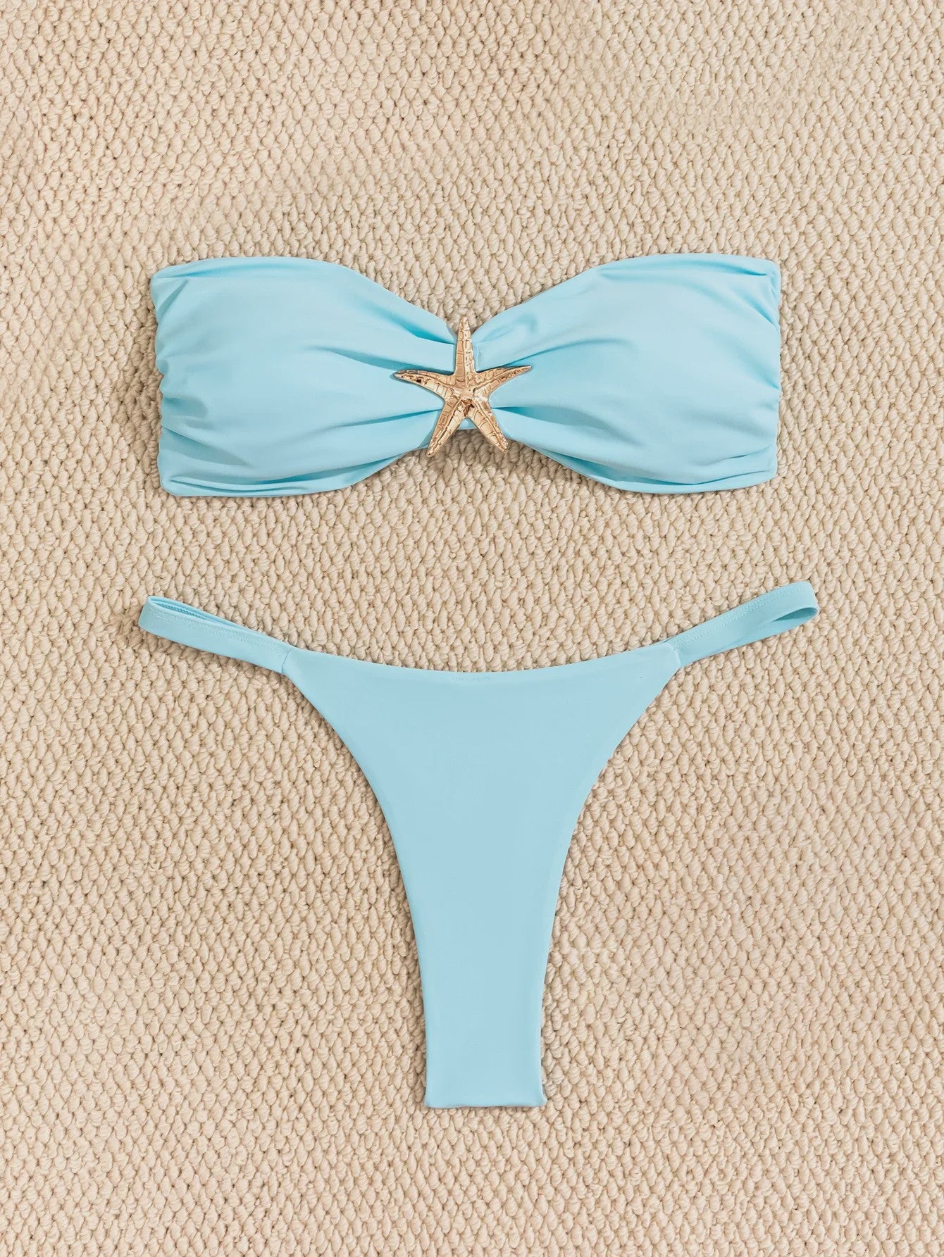 Bandeau Bikini Set met Sterrenornament - Sky Blue Push-Up Thong Badpak
