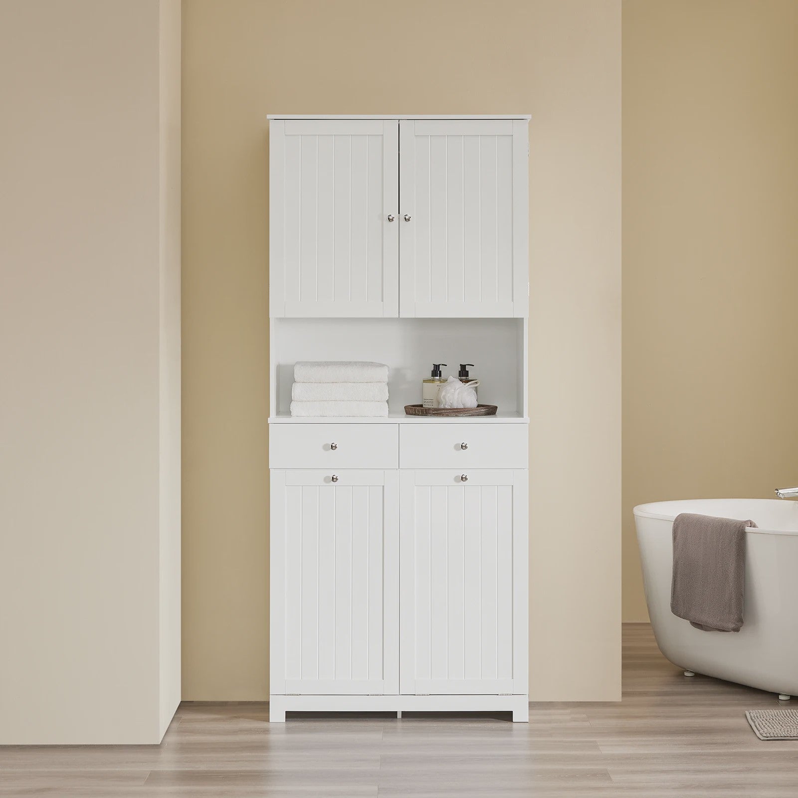 SoBuy BZR215-W Hoge Badkamerkast met 2 Wasmanden, 2 Lades & Open Vak - 78x38x181cm