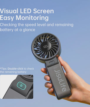 JISULIFE Draagbare Handventilator met LED Display, 5 Snelheden, 5000mAh, 150° Opvouwbaar, 3-in-1 Multifunctioneel