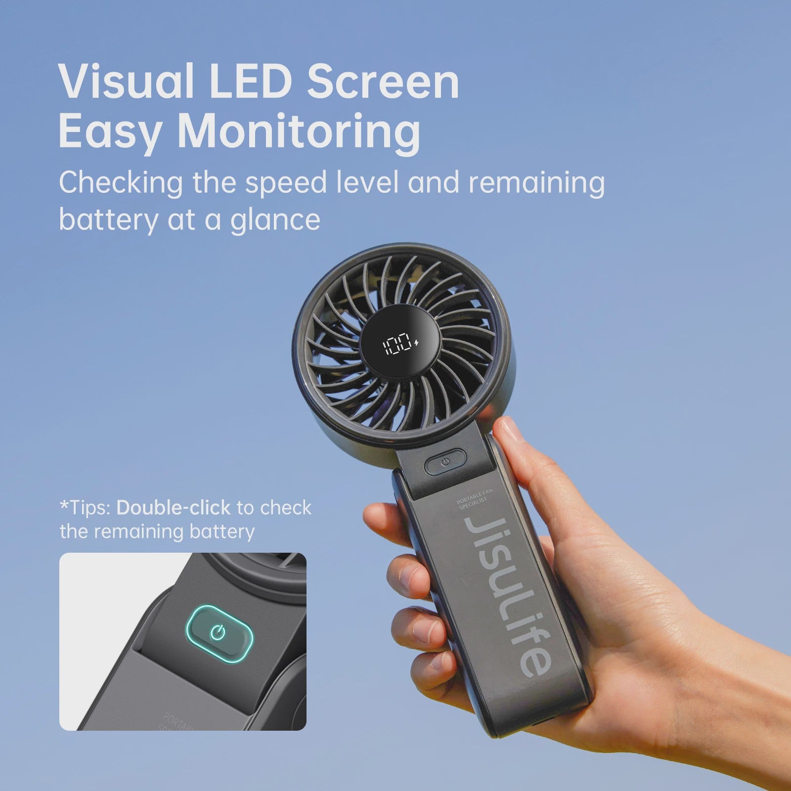 JISULIFE Draagbare Handventilator met LED Display, 5 Snelheden, 5000mAh, 150° Opvouwbaar, 3-in-1 Multifunctioneel