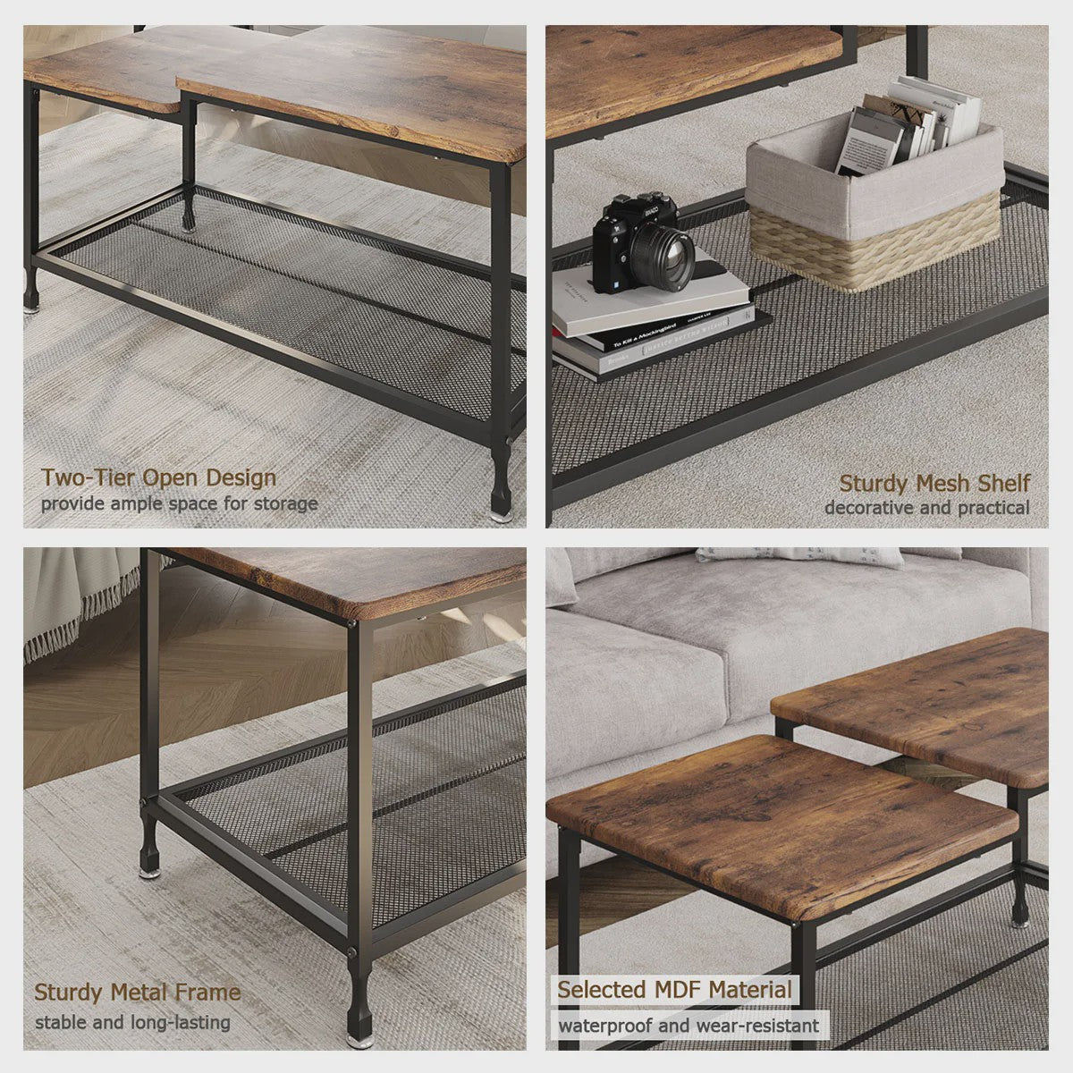 Industriële Salontafel met 2 Lagen - Rustiek Bruin, Vintage Hout & Stevig Metaal - Eenvoudig te Monteren