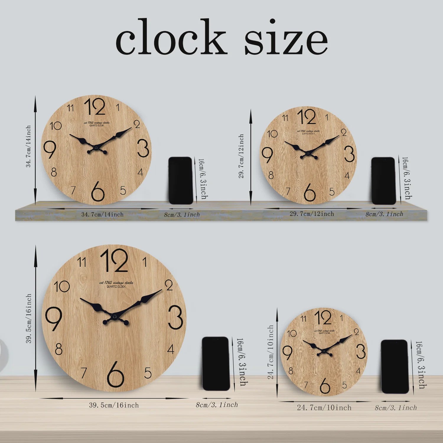 Moderne Houten Wandklok met Houtnerf Textuur - Stille Werking & Batterijgevoed - 10-16 Inch
