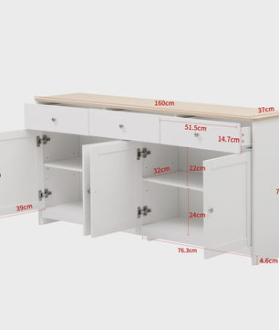 Witte Dressoir Kast met 4 Deuren en 3 Lades - Stijlvolle Opbergkast voor Woon- en Eetkamer