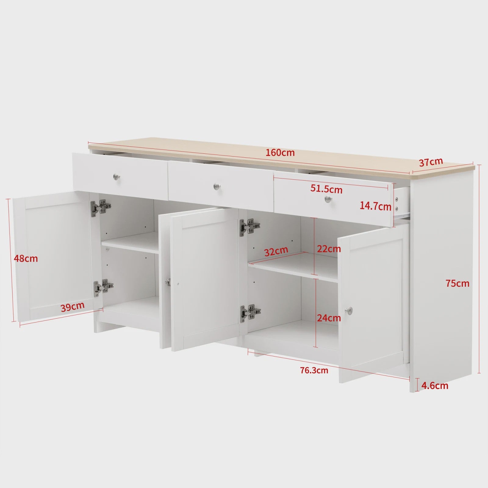Witte Dressoir Kast met 4 Deuren en 3 Lades - Stijlvolle Opbergkast voor Woon- en Eetkamer