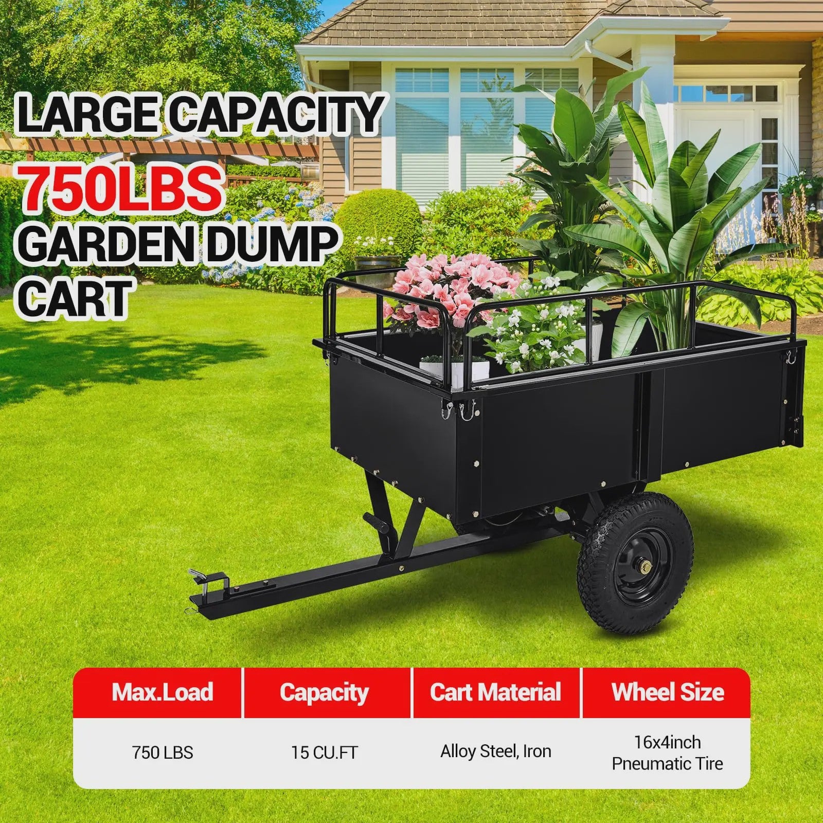 Zware Stalen Kipkar Tuinaanhanger 15 Cu. Ft. / 750 Lbs - Voor Tractor, ATV & UTV