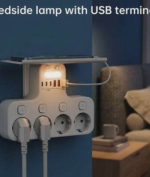 Multifunctionele Stekkerdoos met Telefoonhouder, 4 Stopcontacten en 6 USB-poorten