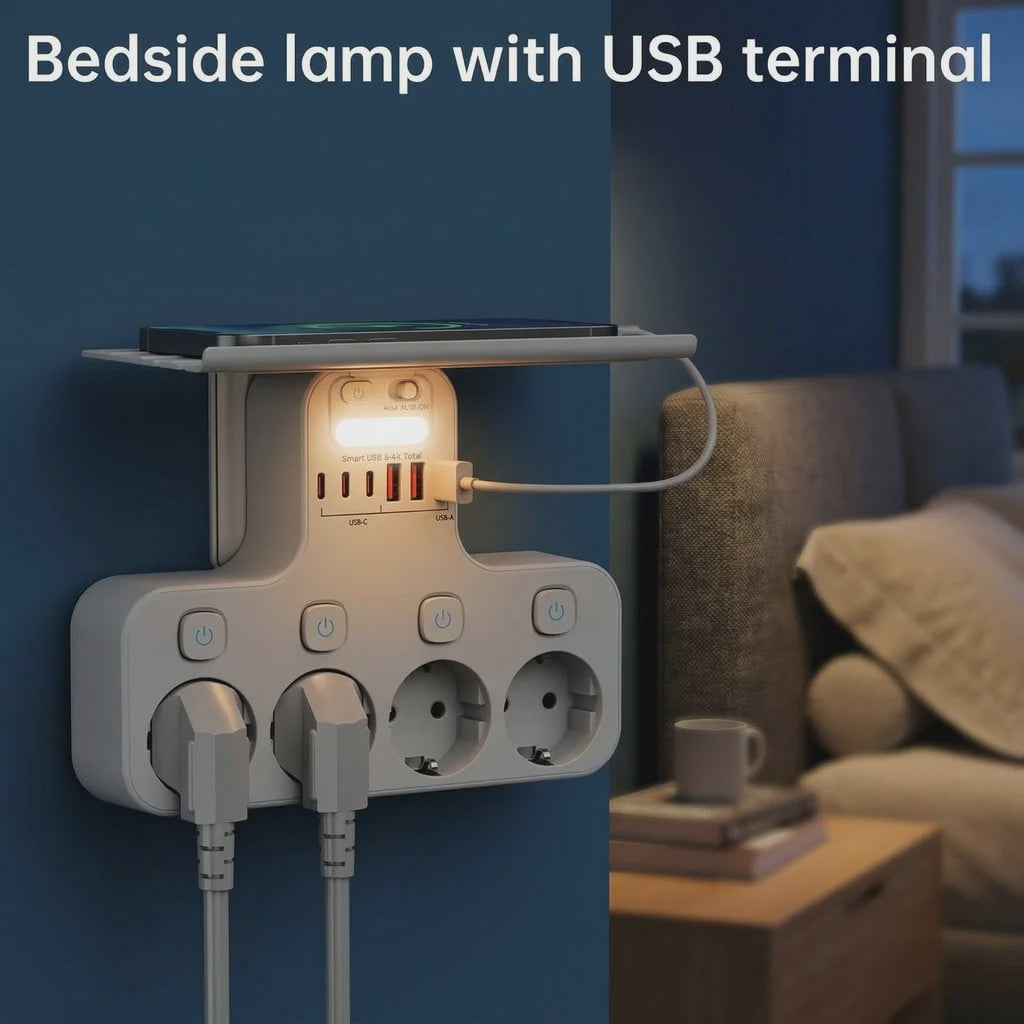 Multifunctionele Stekkerdoos met Telefoonhouder, 4 Stopcontacten en 6 USB-poorten