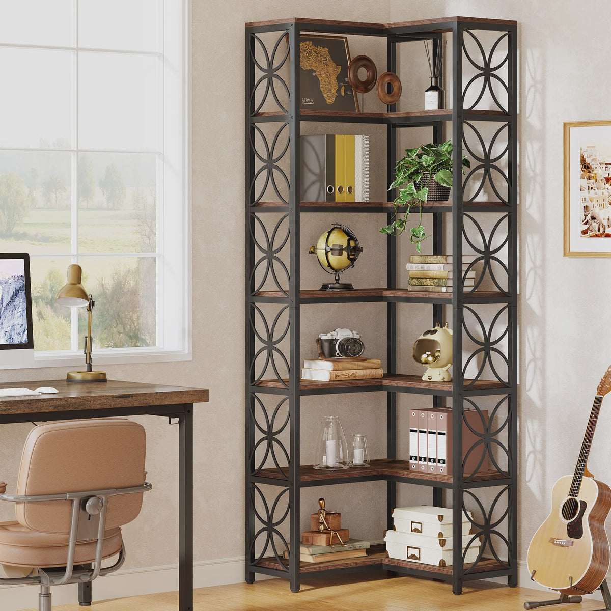 L-Vormige Hoek Boekenkast 7-Laags - 79 Inch Hout & Metaal - Vrijstaand