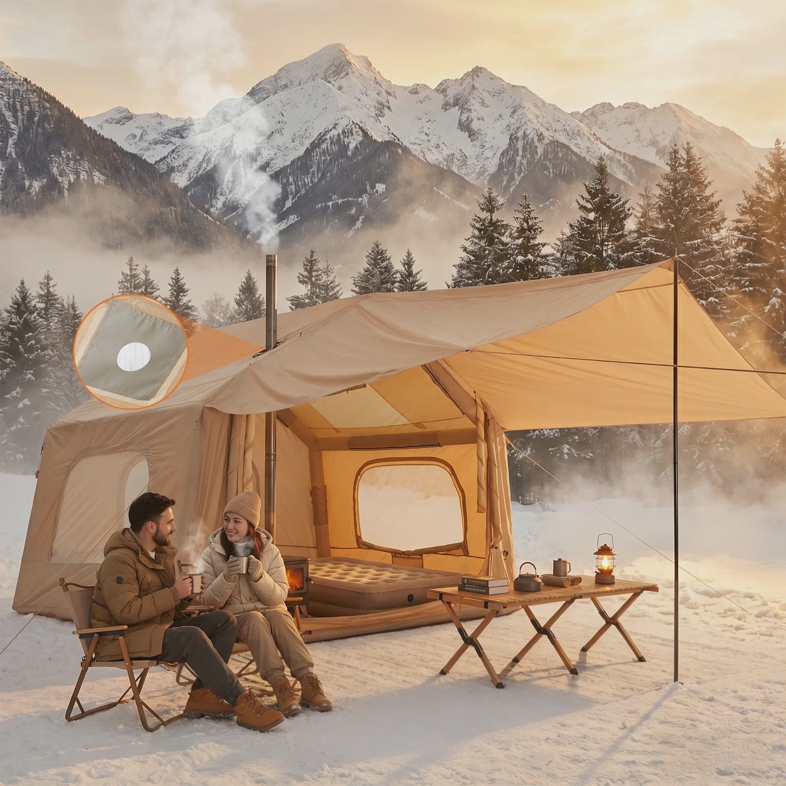 Opblaasbare Glamping Tent voor Camping - Waterdicht, 4-Seizoenen, Makkelijk Op te Zetten (2-6 Pers.)