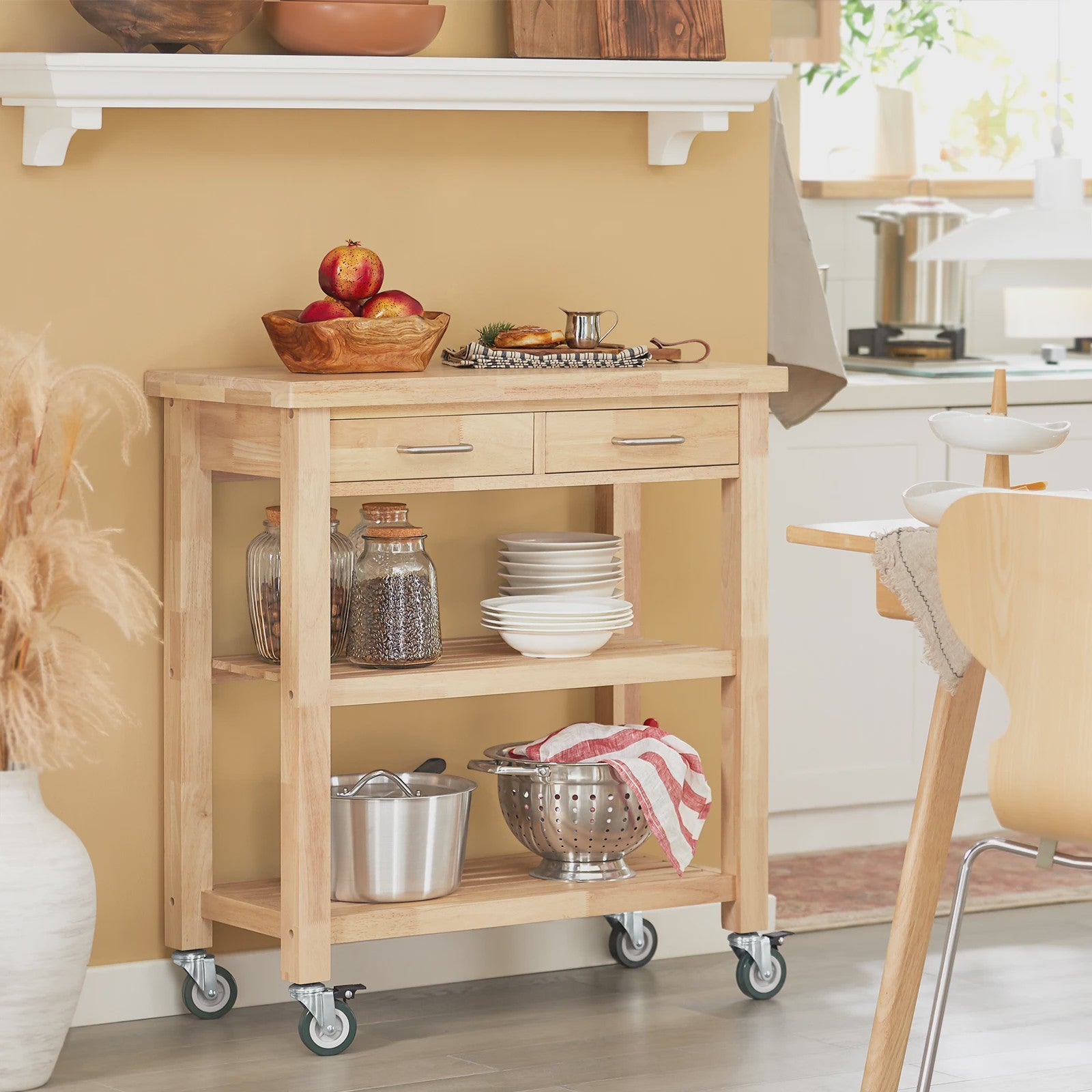 SoBuy Keukentrolley met Wielen en Lades - Rubber Hout - 80x40x90 cm
