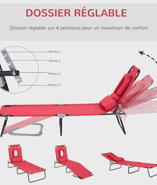 Outsunny Verstelbare Loungestoel / Ligbed met 3 Kussens - Rood