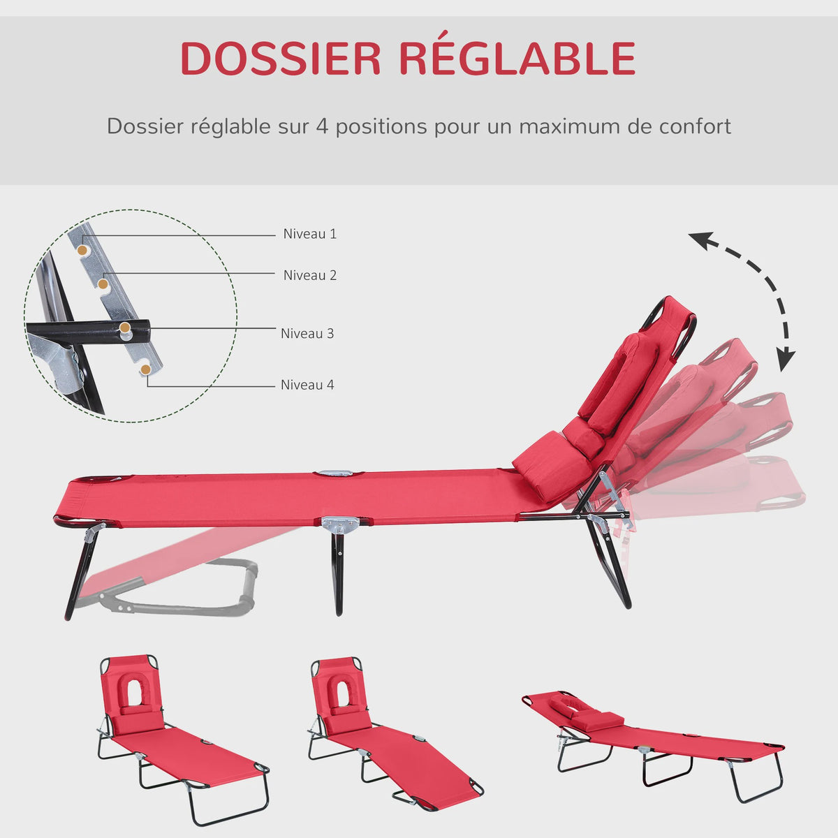 Outsunny Verstelbare Loungestoel / Ligbed met 3 Kussens - Rood