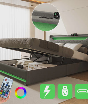 Luxe Boxspring Bed met Opbergruimte, LED Verlichting en USB - Grijs Linnen