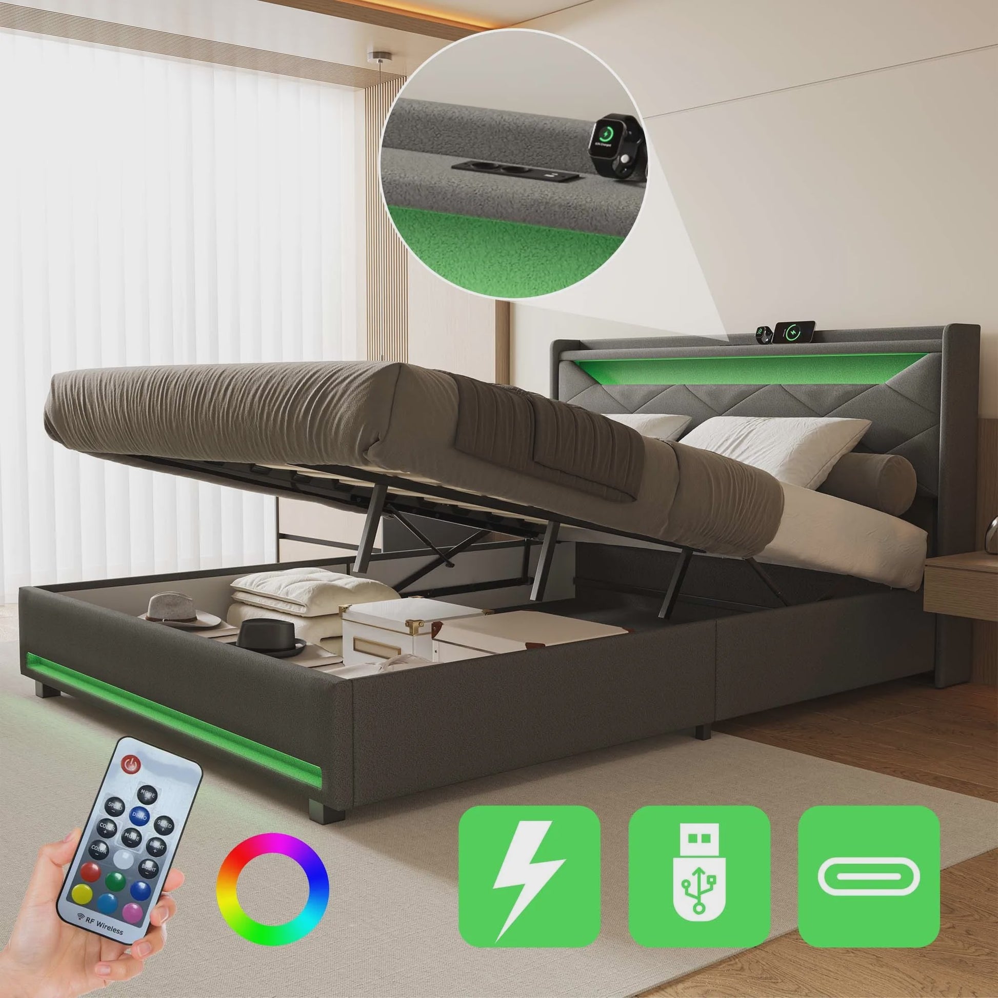Luxe Boxspring Bed met Opbergruimte, LED Verlichting en USB - Grijs Linnen