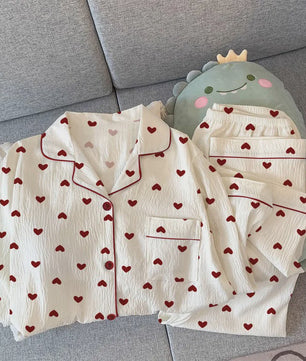 Dames Pyjama Set met Hartjesprint - Comfortabele Loungewear voor Lente & Herfst