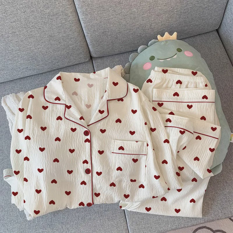 Dames Pyjama Set met Hartjesprint - Comfortabele Loungewear voor Lente & Herfst