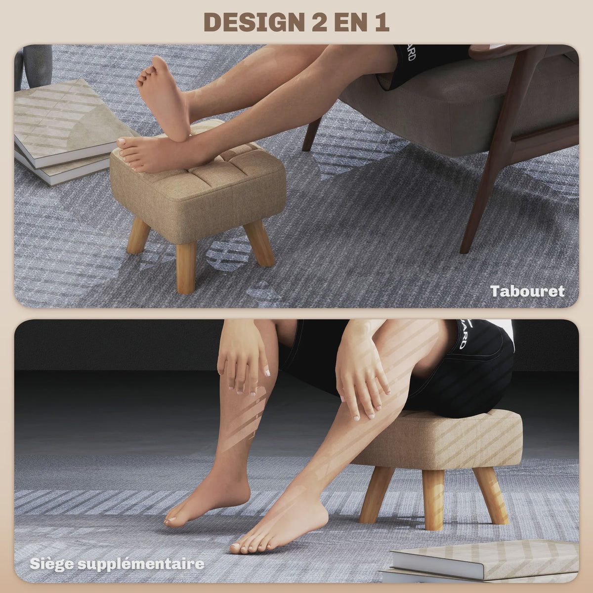 Stijlvolle Voetenbank / Poef met Stoffen Zitting en Houten Poten - Compact en Comfortabel
