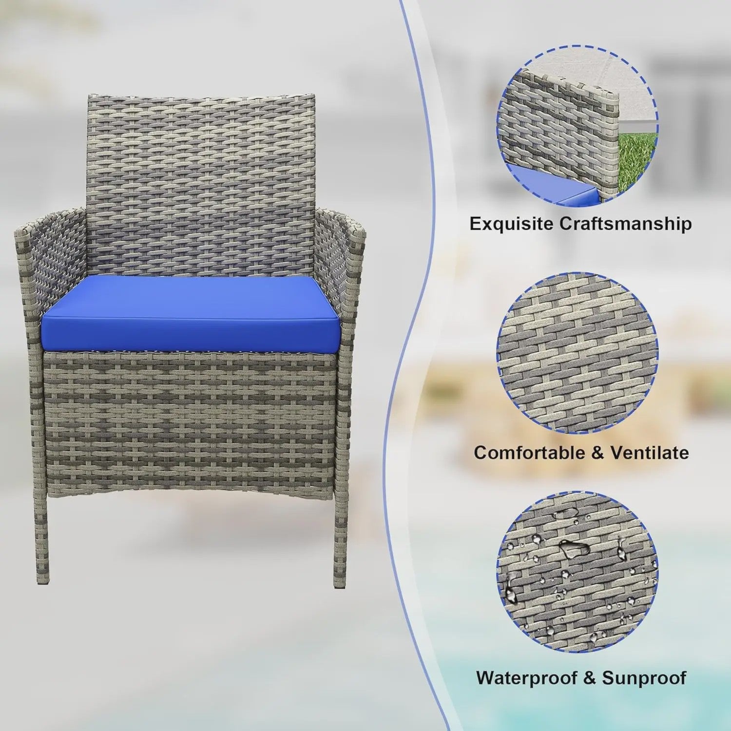 3-Delig Bistro Set: PE Rotan Terrasmeubilair met 2 Stoelen, Salontafel en Kussens voor Balkon en Tuin