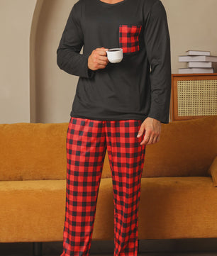 Heren Pyjama Set: Comfortabele Lange Mouwen & Ruitjes Broek voor Herfst/Winter