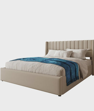 Hydraulisch Boxspringbed 180x200cm Beige Gestoffeerd met Houten Lattenbodem en Opbergruimte