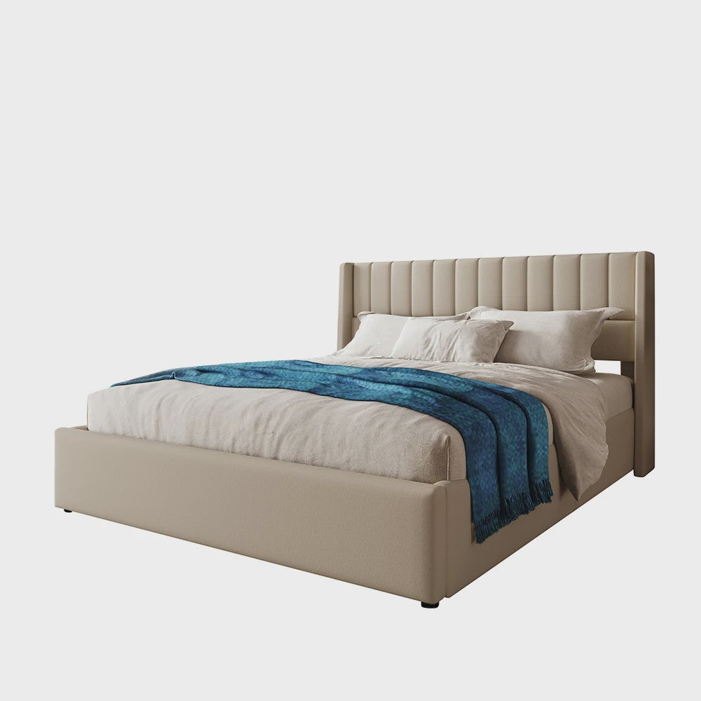 Hydraulisch Boxspringbed 180x200cm Beige Gestoffeerd met Houten Lattenbodem en Opbergruimte