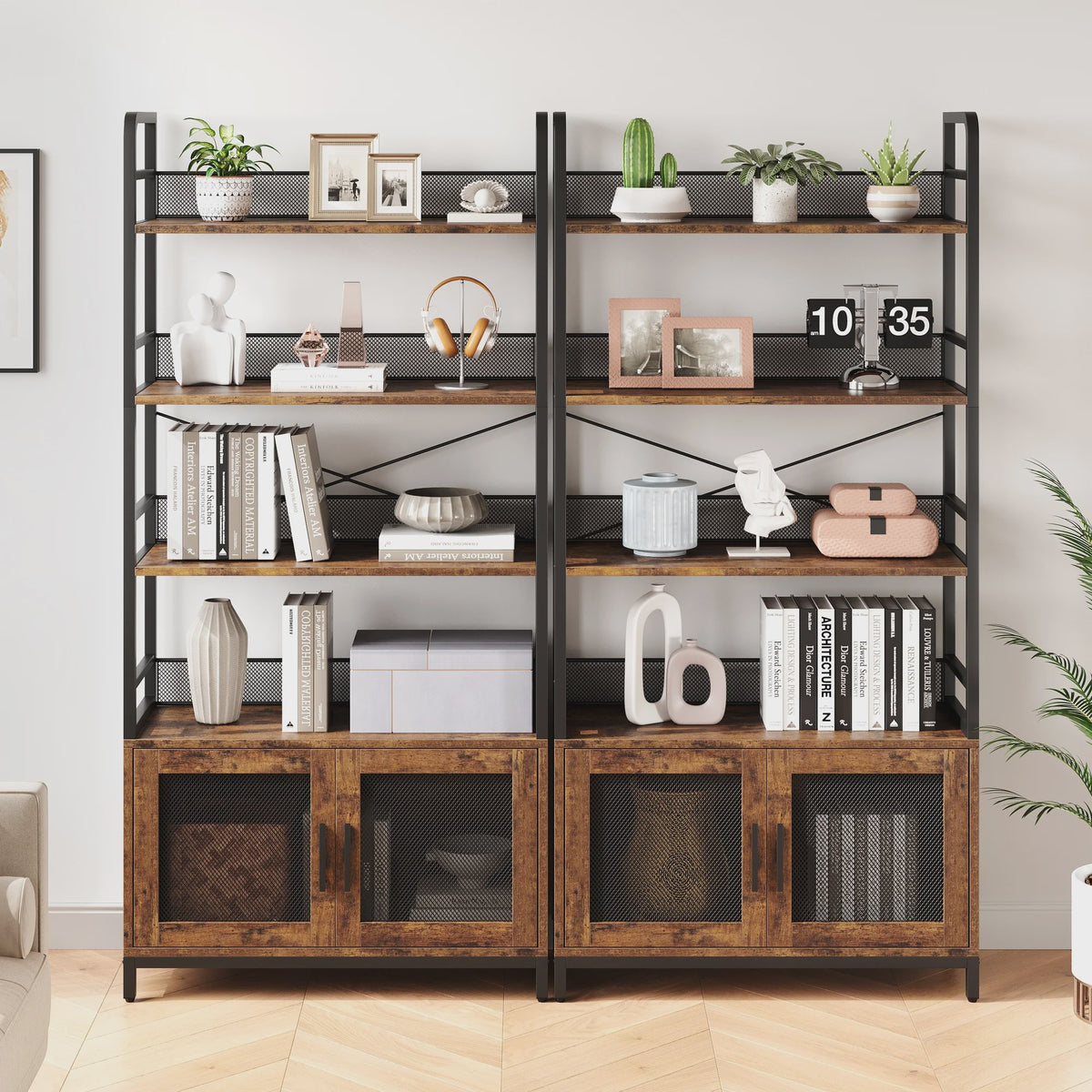 Industriële Boekenkast met Kast, 180 cm Hoog Open Boekenkast met Gaasdeuren