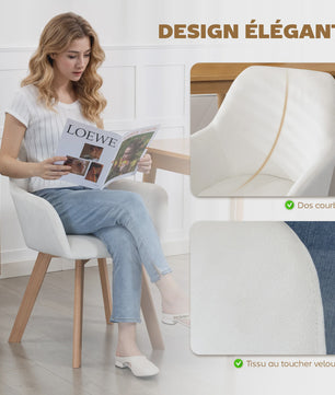 Set van 2 Crème Fluweel Armstoelen - Comfortabele Eetkamerstoelen met Houten Poten