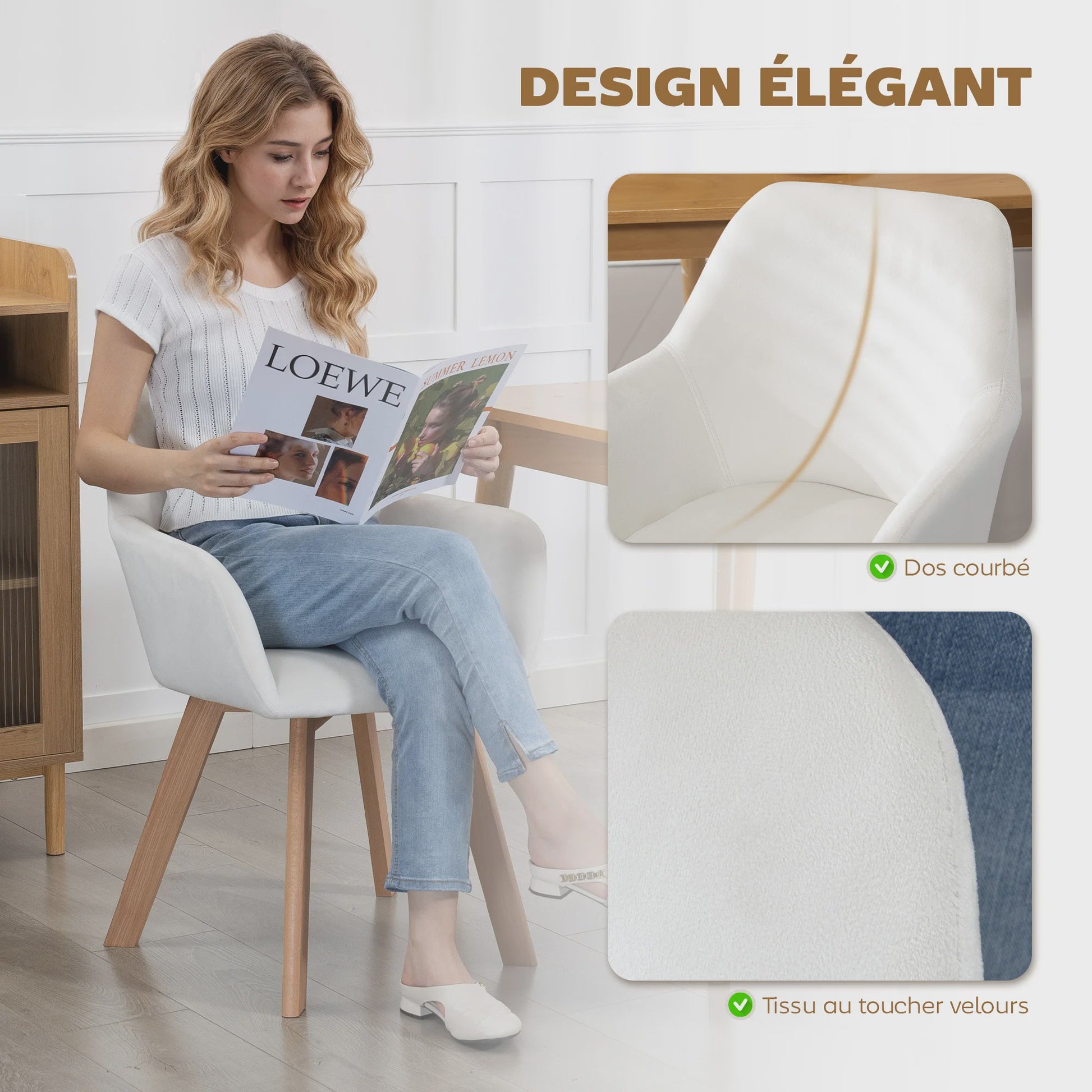 Set van 2 Crème Fluweel Armstoelen - Comfortabele Eetkamerstoelen met Houten Poten
