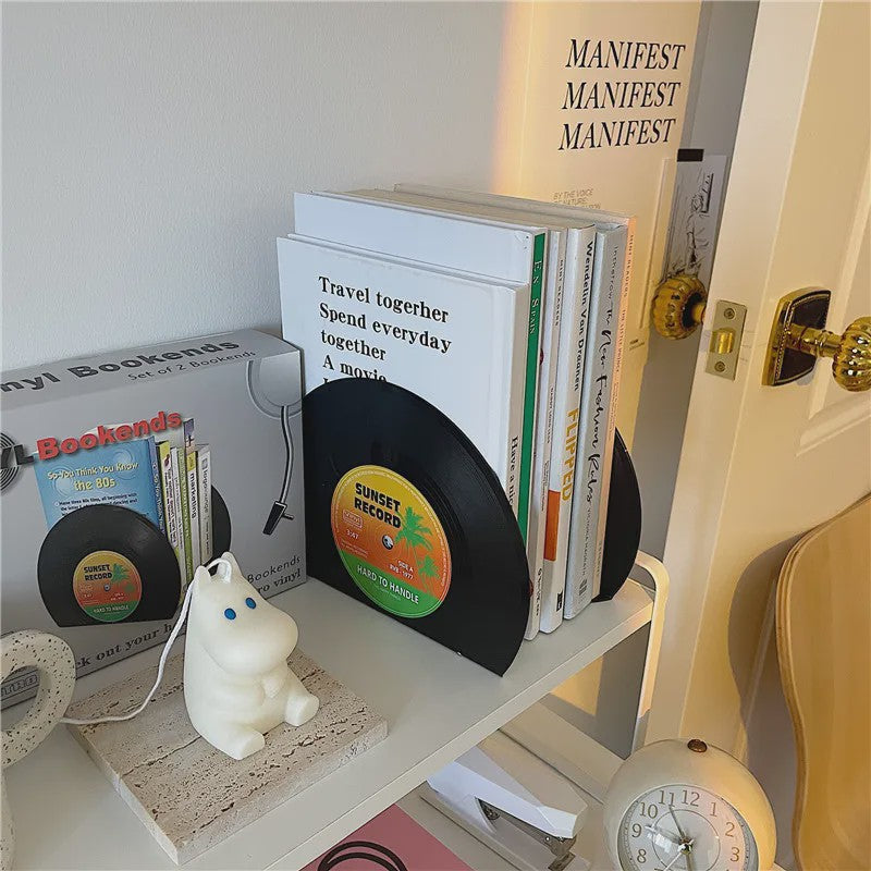 Retro Vinyl Plaat Boekensteunen - Set van 2 - Vintage Decoratie voor Bureau & Kantoor