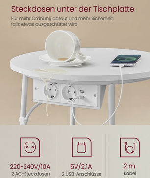 Ronde bijzettafel met stoffen mand en ingebouwde stopcontacten en USB-poorten